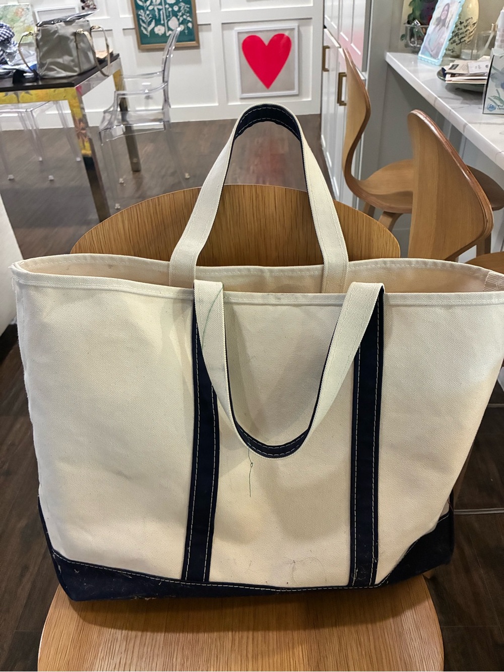 L.L. Bean Cream Canvas Boat & Tote Navy Trim Johnson Rice Conference Embroidered - Picture 2 of 2